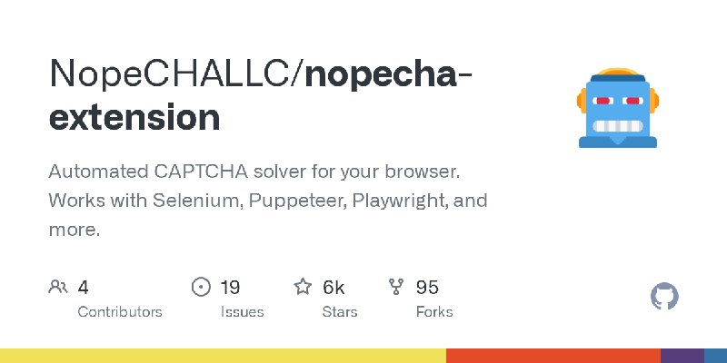 GitHub - NopeCHALLC/nopecha-extension: Automated CAPTCHA solver for your browser. Works with Selenium, Puppeteer, Playwright, and…