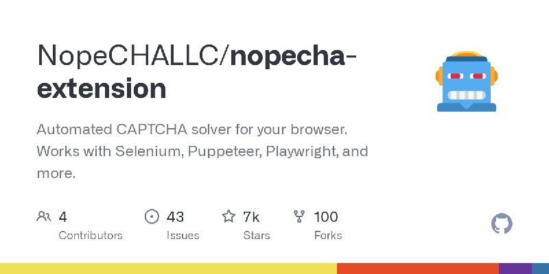 GitHub - NopeCHALLC/nopecha-extension: Automated CAPTCHA solver for your browser. Works with Selenium, Puppeteer, Playwright, and…