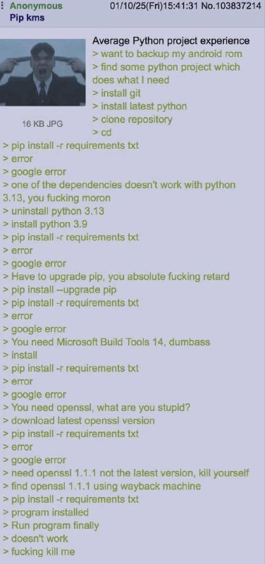 #有趣 #编程 #Python其实也不只是Python的问题，实在是老项目是这样的，特别是没有完整的环境说明（并且其他人都能跑也不代表你就能跑